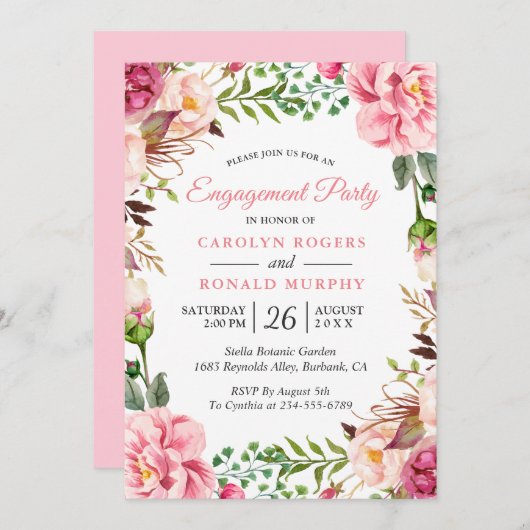 Moderne rosa Blütenpinke florale Engagement Party Einladung (Vorne/Hinten)