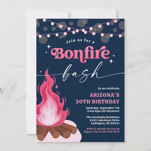 Moderne rosa Bonfire Einladung, Bonfire Bash Einladung (Vorderseite)