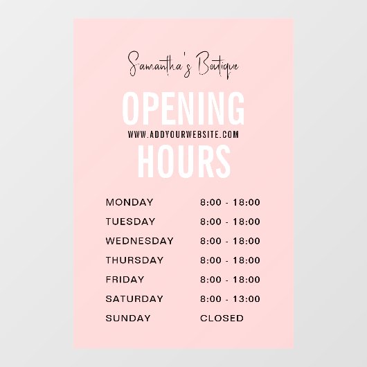 Moderne rosa Boutique Einfache Öffnungszeiten Fensteraufkleber (Blatt)