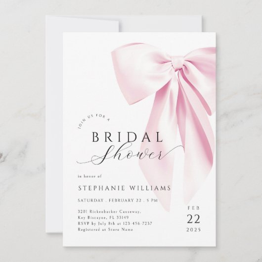 Moderne rosa Bow Bridal Dusche Einladung (Vorderseite)