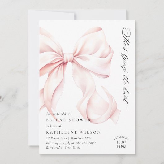 Moderne rosa Bow Bridal Dusche Einladung (Vorderseite)