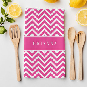 Moderne rosa Chevron-Streifen Name Geschirrtuch
