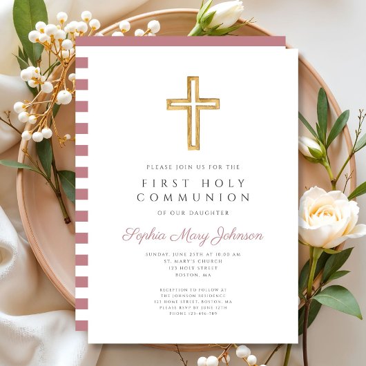 Moderne Rosa Cross Girl Erste Kommune Einladung