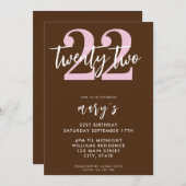 Moderne rosa elegante 22. Geburtstagseinladung Einladung (Vorne/Hinten)