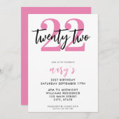 Moderne rosa elegante 22. Geburtstagseinladung Einladung (Vorne/Hinten)