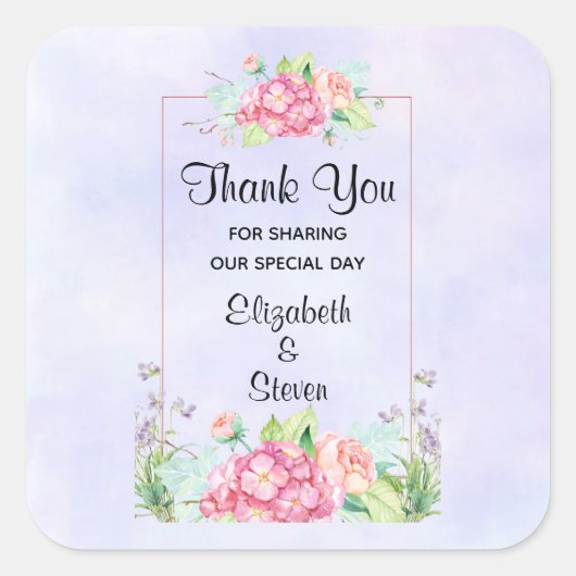 Moderne rosa Farbe Blumenrahmen Vielen Dank Quadratischer Aufkleber (Vorderseite)