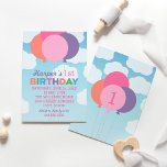 Moderne rosa farbige Balloons erste Geburtstagspar Einladung<br><div class="desc">Farbenfrohe Rundballons in einem Bouquet-Arrangement und ein hellblauer Sommerhimmel schmücken diese stilvollen Geburtstagsfeierlichkeiten.  Die Farbtöne sind für den Geburtstag eines Mädchens konzipiert und in Rosa,  lila,  Korallen,  Grün und Blau gehalten.</div>