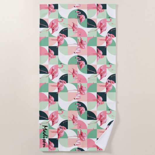 Moderne rosa Flamingo Geometric Girly Personalisie Strandtuch (Vorderseite)