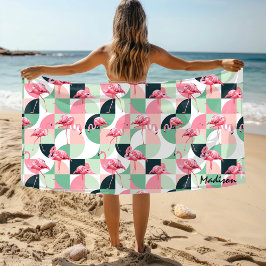Moderne rosa Flamingo Geometric Girly Personalisie Strandtuch