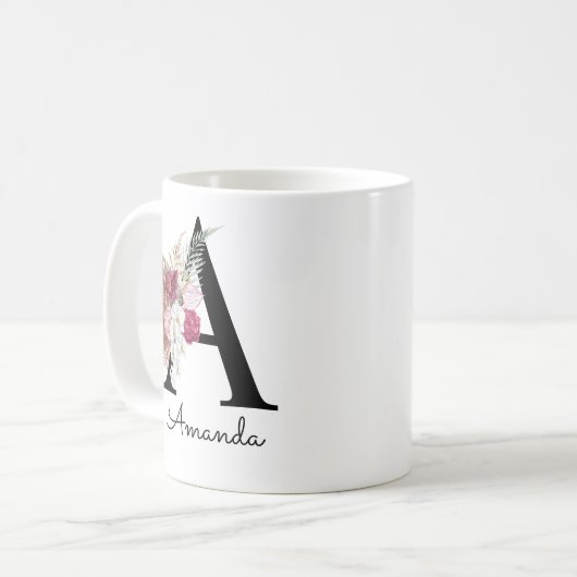 Moderne rosa Floral Initial A Kaffeetasse (Vorderseite Links)