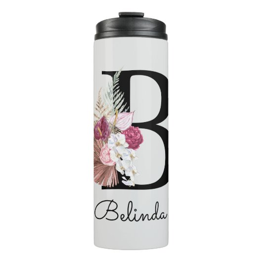 Moderne rosa Floral Initial B Thermosbecher (Vorderseite)