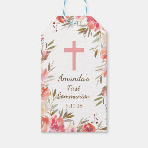 Moderne rosa florale erste Kommunionsmarke Geschenkanhänger