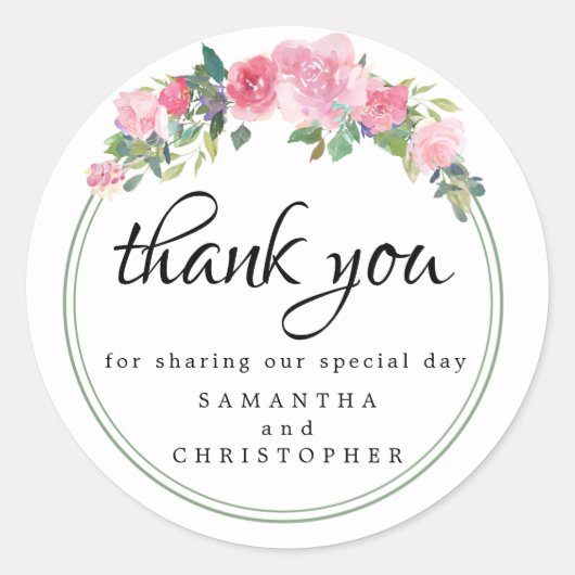 Moderne rosa florale Gastgeschenk Hochzeit Vielen Runder Aufkleber (Vorderseite)