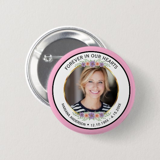 Moderne rosa florale Gedenkfoto Button (Vorne & Hinten)