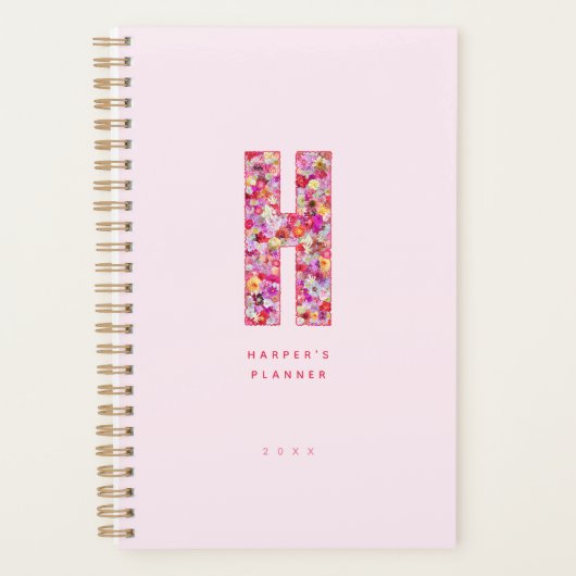 Moderne rosa florale Initialen Monogramm personali Planer (Vorderseite)