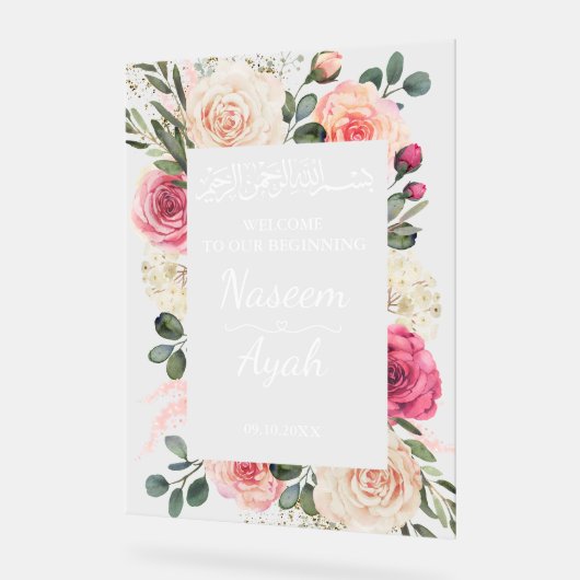 Moderne rosa florale islamische Begrüßung Acrylschild (Winkel)