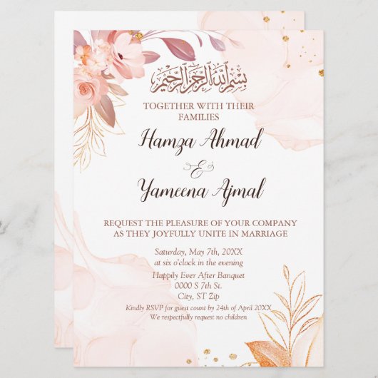 Moderne rosa florale islamische Hochzeit Einladung (Vorne/Hinten)