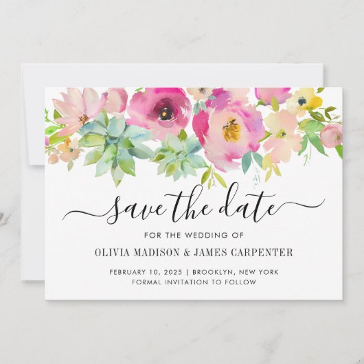 Moderne, rosa, florale Kakteen Hochzeit Save The Date (Vorderseite)