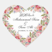 Moderne rosa florale muslimische Hochzeitsticker Herz-Aufkleber (Vorderseite)