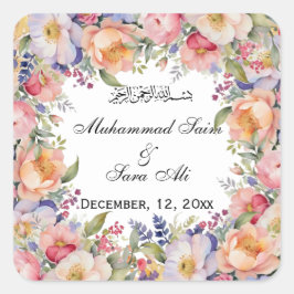 Moderne rosa florale muslimische Hochzeitsticker Quadratischer Aufkleber