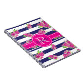 Moderne rosa florale Navy Stripte Stilftige Monogr Notizblock (Rechte Seite)