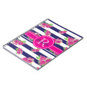 Moderne rosa florale Navy Stripte Stilftige Monogr Notizblock (Linke Seite)