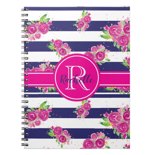 Moderne rosa florale Navy Stripte Stilftige Monogr Notizblock (Vorderseite)