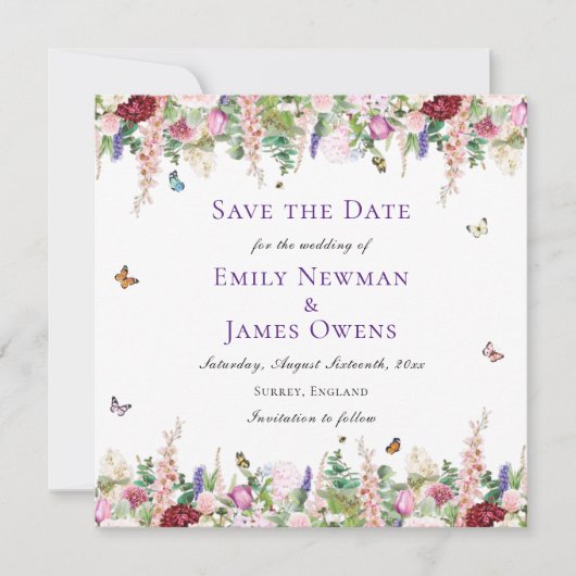 Moderne rosa Florals & Butterfliegen Save the Date (Vorderseite)
