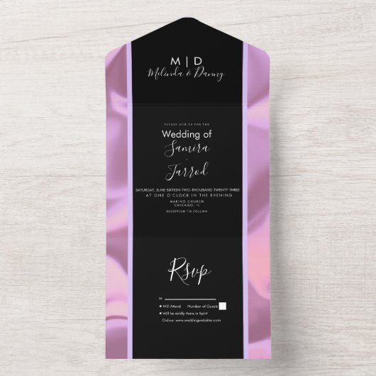 Moderne Rosa Foil Black Shiny Wedding All In One Einladung (Innen Boden)