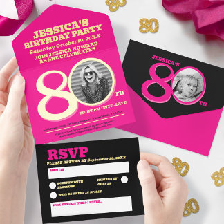 Moderne rosa Folie zwei Fotos 80. Geburtstag All-in-One-Einladung