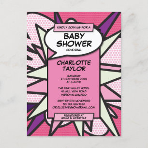 Moderne rosa Foto-Comic-Book-Baby-Shower-Sprinkle Einladungspostkarte