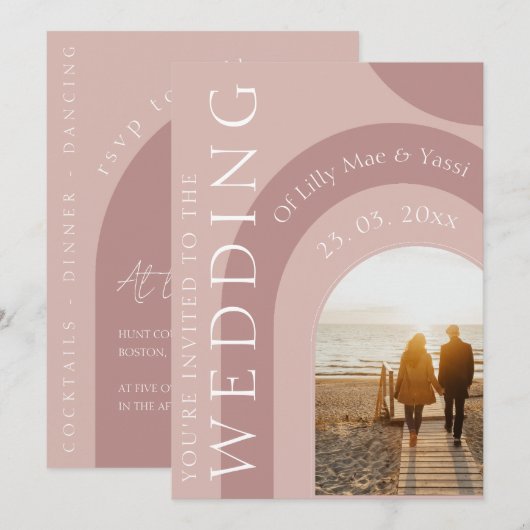Moderne, rosa Foto Hochzeit Einladung (Vorne/Hinten)