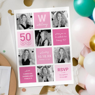 Moderne rosa Fotocollage zum 50. Geburtstag Einlad Einladung