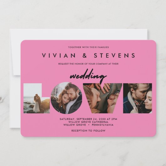 Moderne rosa Fotos Minimalistischer Liebe Hochzeit Einladung (Vorderseite)