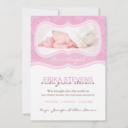 Moderne rosa Geburtsankündigung Foto-Karte Ankündigung (Vorderseite)