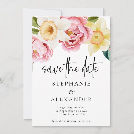 Moderne rosa gelbe Florals Script QR Code Hochzeit Save The Date (Vorderseite)
