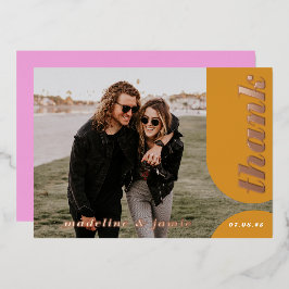 Moderne rosa gelbe Retro-Arch-Hochzeit Vielen Dank Folieneinladung