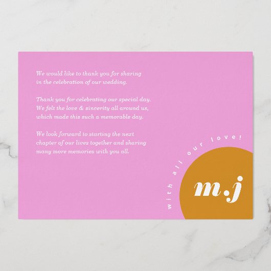 Moderne rosa gelbe Retro-Arch-Hochzeit Vielen Dank Folieneinladung (Rückseite)