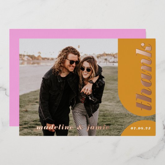 Moderne rosa gelbe Retro-Arch-Hochzeit Vielen Dank Folieneinladung (Vorderseite/Rückseite)