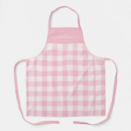 Moderne rosa Gingham-Skriptbezeichnung Schürze (Vorderseite)