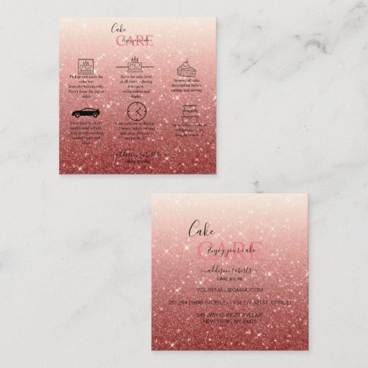 Moderne rosa Glitzer Cake Care Quadratische Visitenkarte (Vorne/Hinten)