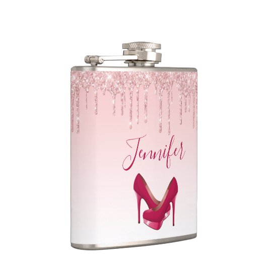 Moderne rosa Glitzer-Tropfen & High Heels Flachmann (Rechts)