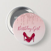 Moderne rosa Glitzer Tropfen & High Heels Geburtst Button (Vorne & Hinten)
