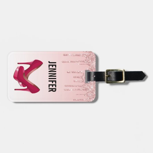 Moderne rosa Glitzer-Tropfen & High Heels Gepäckanhänger (Vorderseite horizontal)