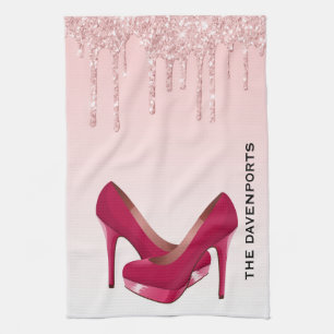 Moderne rosa Glitzer-Tropfen & High Heels Geschirrtuch