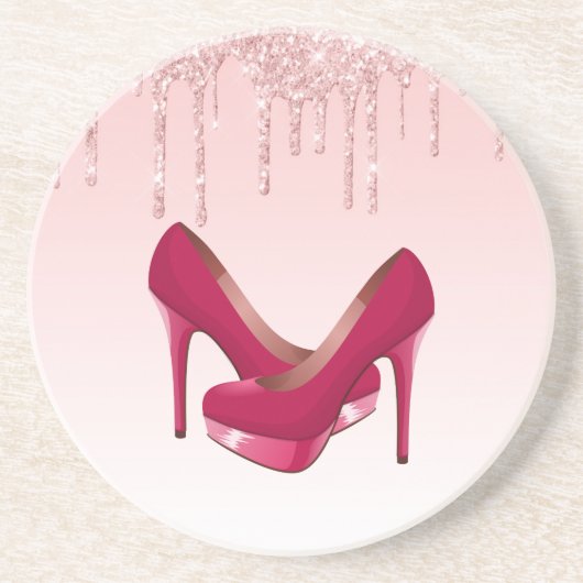 Moderne rosa Glitzer-Tropfen & High Heels Getränkeuntersetzer (Vorne)
