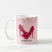 Moderne rosa Glitzer-Tropfen & High Heels Kaffeetasse (Links)