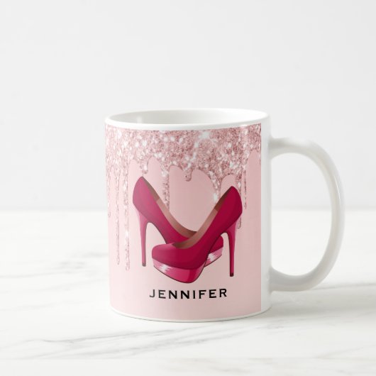 Moderne rosa Glitzer-Tropfen & High Heels Kaffeetasse (Rechts)