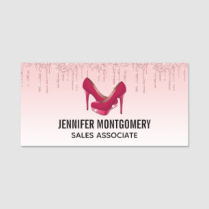 Moderne rosa Glitzer-Tropfen & High Heels Namensschild