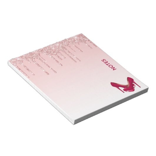 Moderne rosa Glitzer-Tropfen & High Heels Notizblock (angewinkelt)